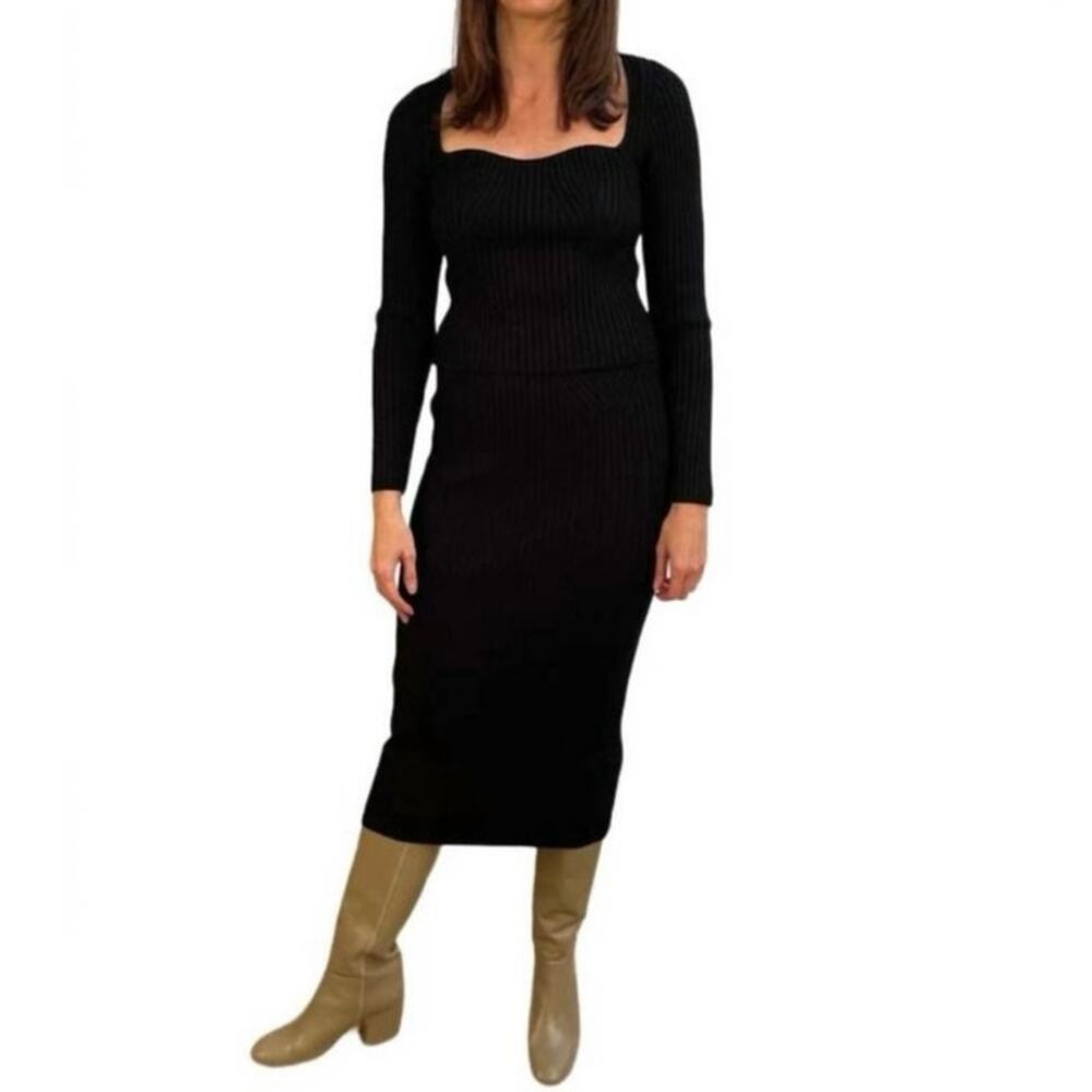 Forte Forte NWT Black Ribbed Stretch Wool Merino Midi Skirt Size 2